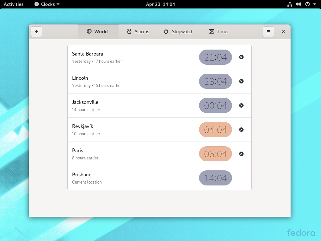The Clocks application in Fedora 32