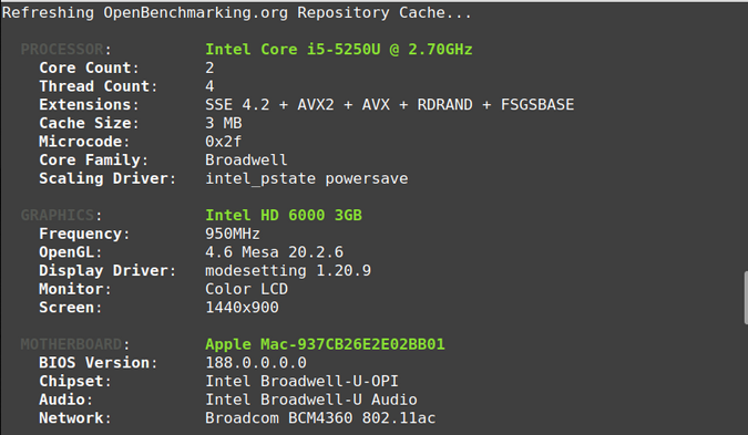 MacBook Phoronix Test Suite output